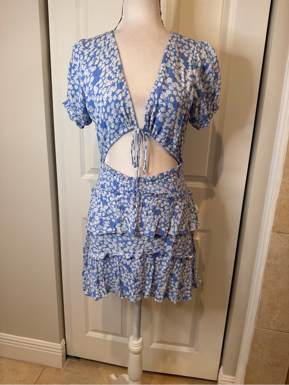MARBLE Blue Floral Cutout Tiered Mini Skirt Set